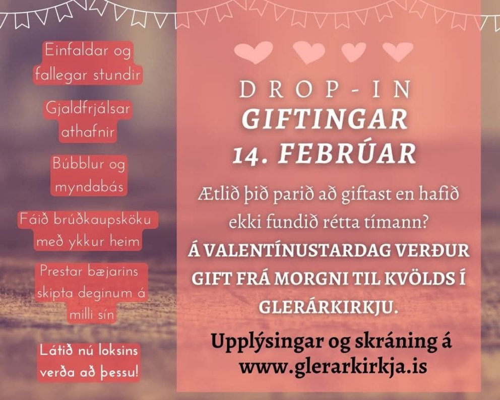 Drop-in giftingar á Valentínusardaginn 14. febrúar í Glerárkirkju