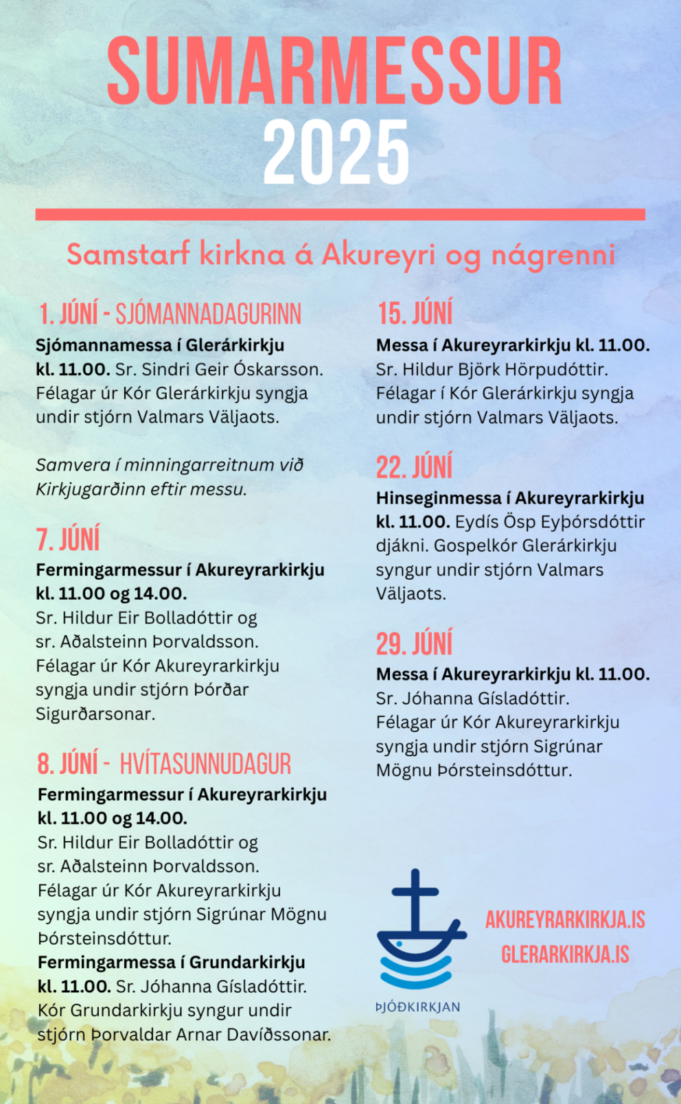 Dagskrá Akureyrarkirkju, Glerárkirkju og Eyjafjarðarsveitar í júní