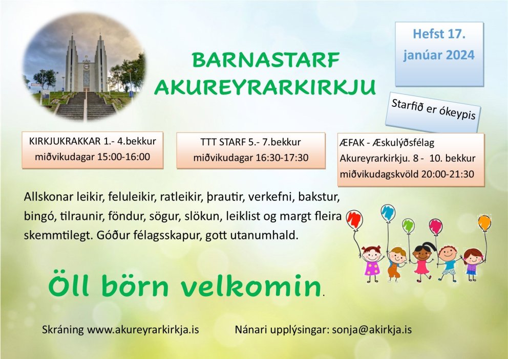 Barna og unglingastarf kirkjunnar hefst aftur 17.janúar