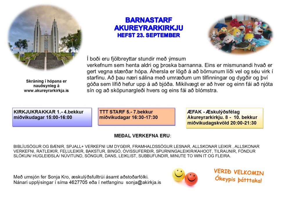 Barnastarf kirkjunnar hefst 23. september