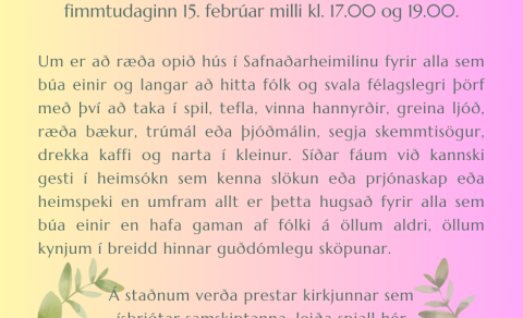 Einbúakaffi í Safnaðarheimilinu í dag, fimmtudag, kl. 17.00-19.00