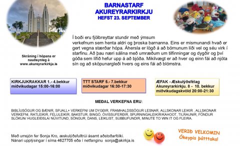 Barnastarf kirkjunnar hefst 23. september
